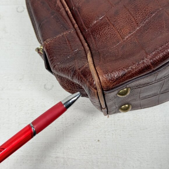 Fossil Croc Embossed Leather Satchel Brown Structured Shoulder Bag - Picture 12 of 16